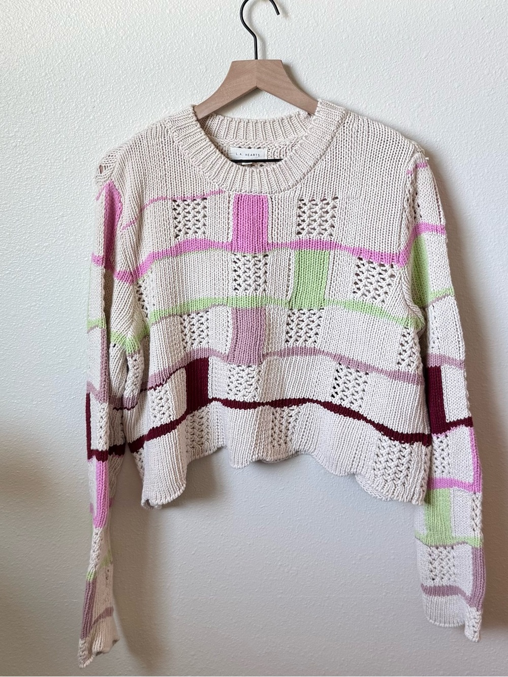 LA Hearts Cream Multi-Color Open Knit Crewneck Sweater